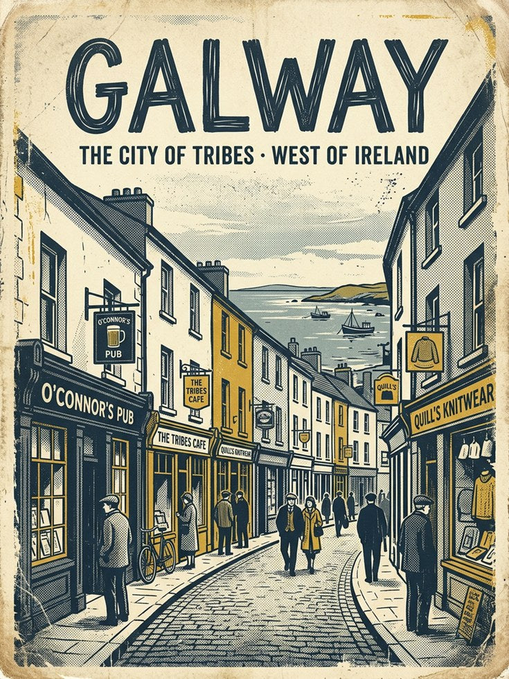 Galway Ireland Street Scene Print: Vintage Travel Poster Art - artwork on paper