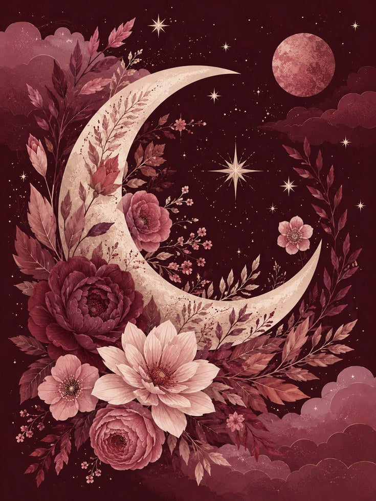 Burgundy Moon and Roses Art Print: Celestial Floral Wall Art - artwork on paper