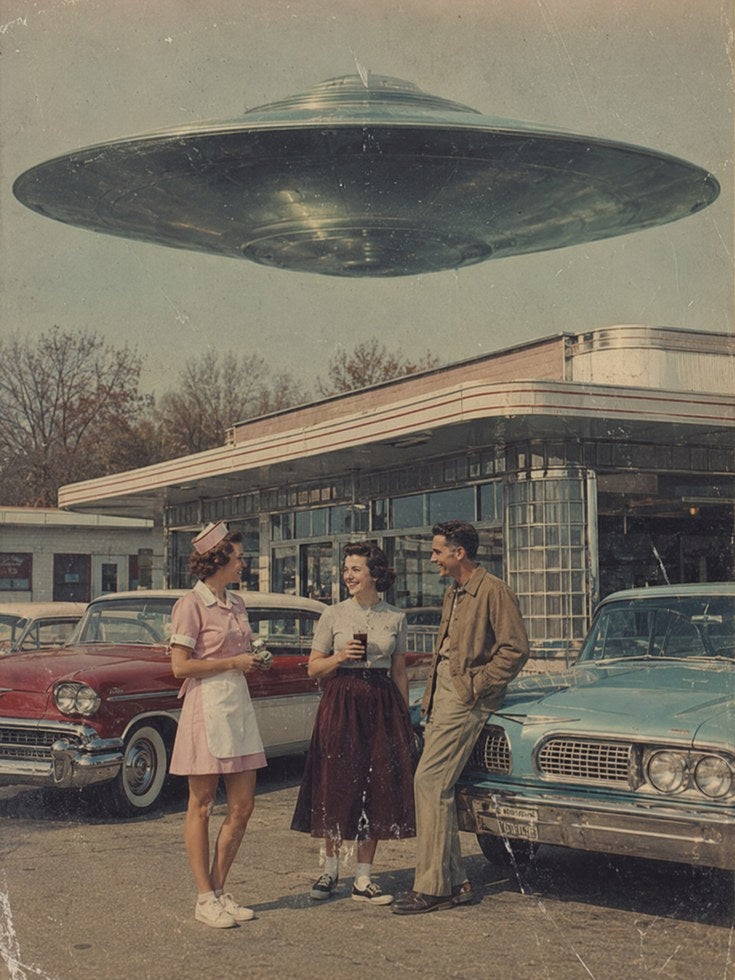 Retro UFO Diner Scene Wall Art: 1950s Sci-Fi Americana Print - artwork on paper