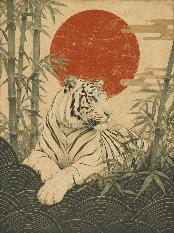 White Tiger Art Print: Japanese Vintage Style With Red Sun - artwork on paper