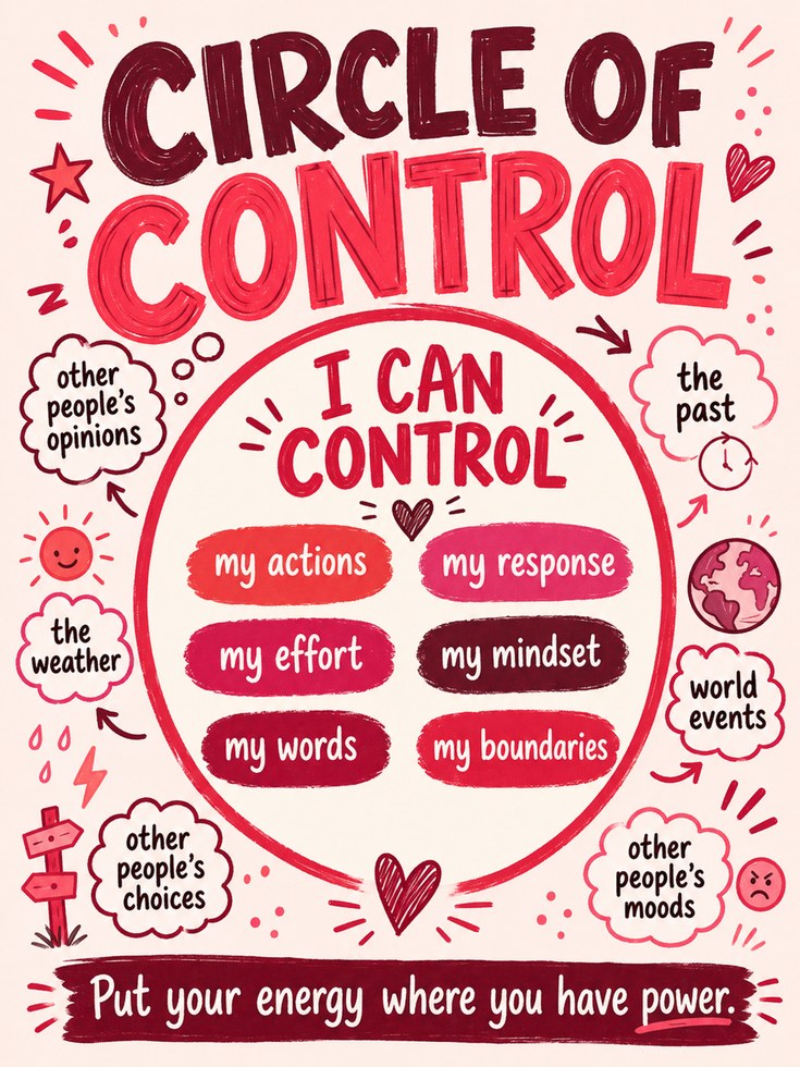 Circle of Control Motivational Art Print: Red Typography Design - artwork on paper