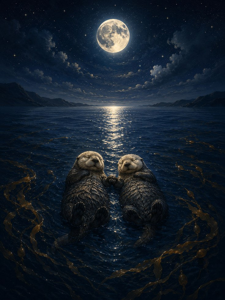Sea Otters Full Moon Print – Romantic Night Ocean - artwork on paper