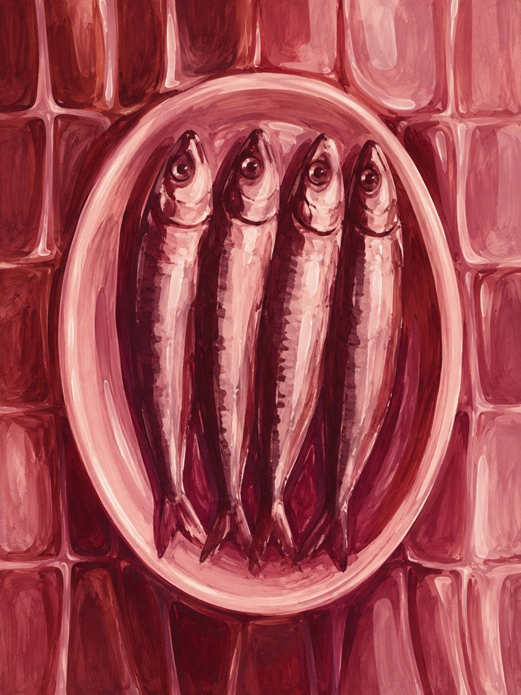 Sardines on Plate Wall Art: Monochromatic Pink Kitchen Print - artwork on paper