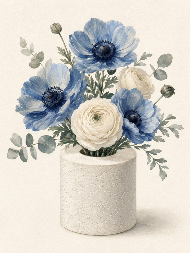 Blue Flower Vase Print – Botanical Wall Art - artwork on paper