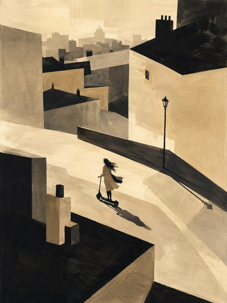 Urban Scooter Rider Print: Geometric Modernist Cityscape Art - artwork on paper