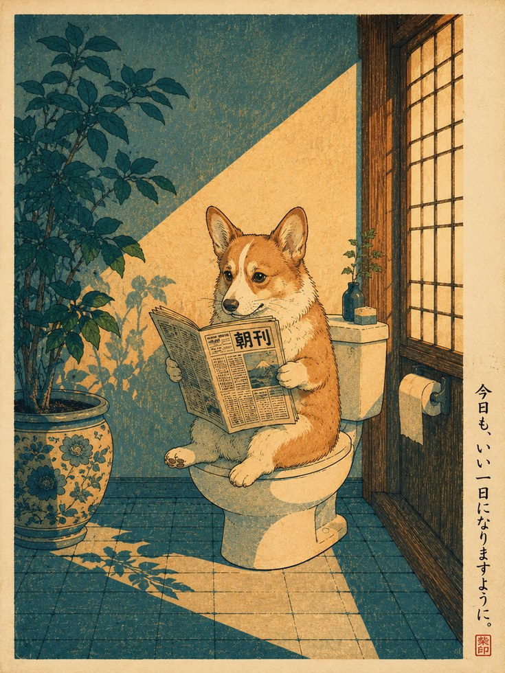 Japanese Dog Wall Art – Corgi Bathroom Print - artwork on paper