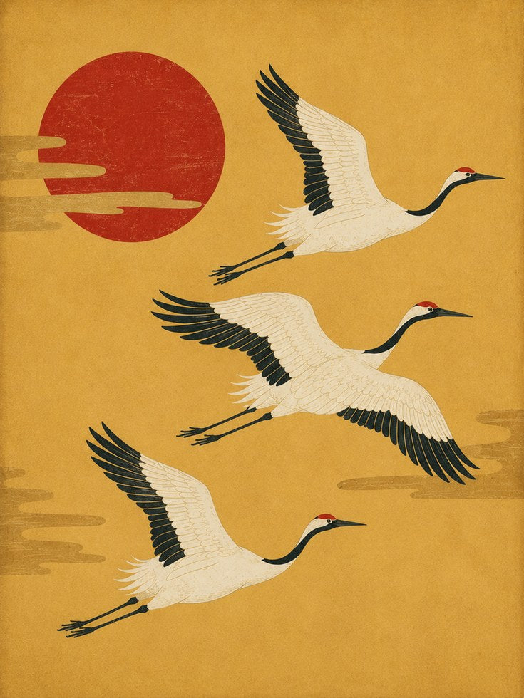 Japanese Crane Print – Vintage Red Sun - artwork on paper