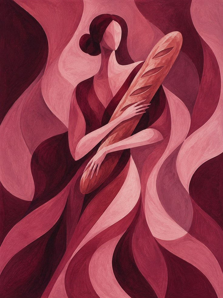 Abstract Woman with Feather: Art Deco Pink Flowing Forms Print - artwork on paper