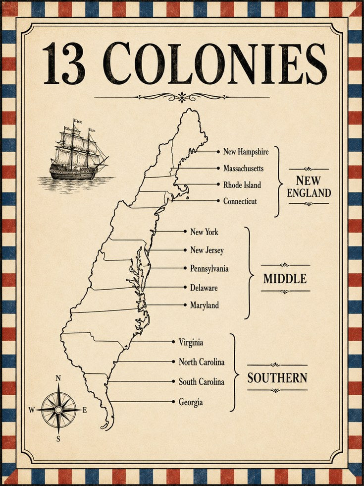 13 Colonies Map Poster – American History Print - artwork on paper