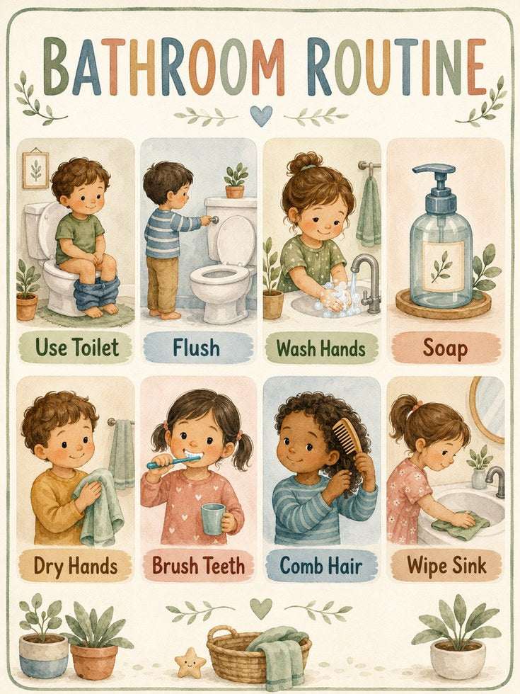 Bathroom Routine Poster: Educational Kids' Hygiene Chart - artwork on paper