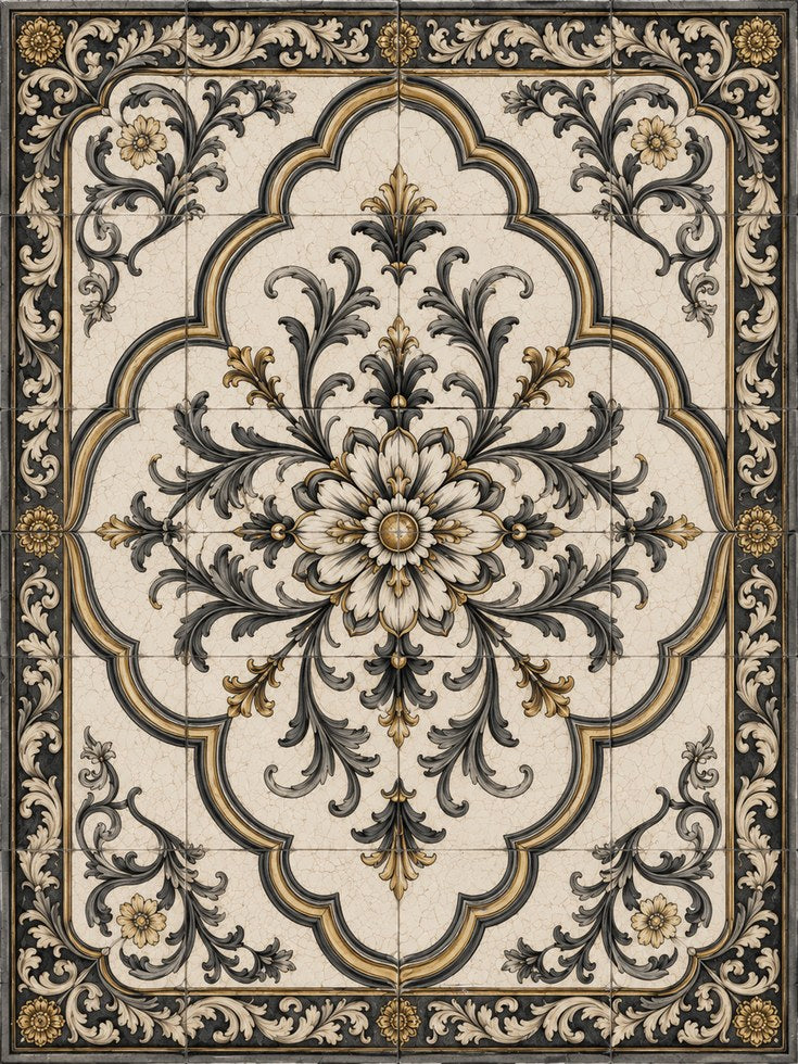 Baroque Floral Medallion Art Print: Ornate Black and Gold Design - artwork on paper