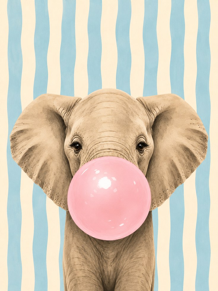 Elephant Bubblegum Print: Whimsical Animal Art with Blue Stripes - artwork on paper