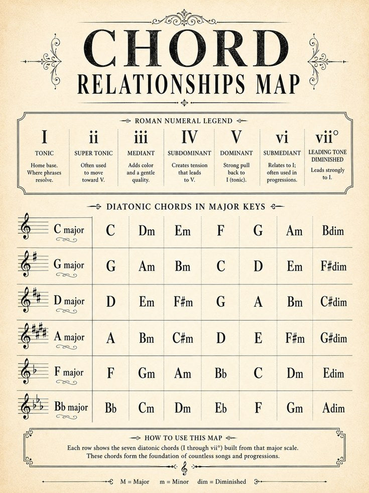 Chord Relationships Map: Vintage Music Theory Wall Art - artwork on paper