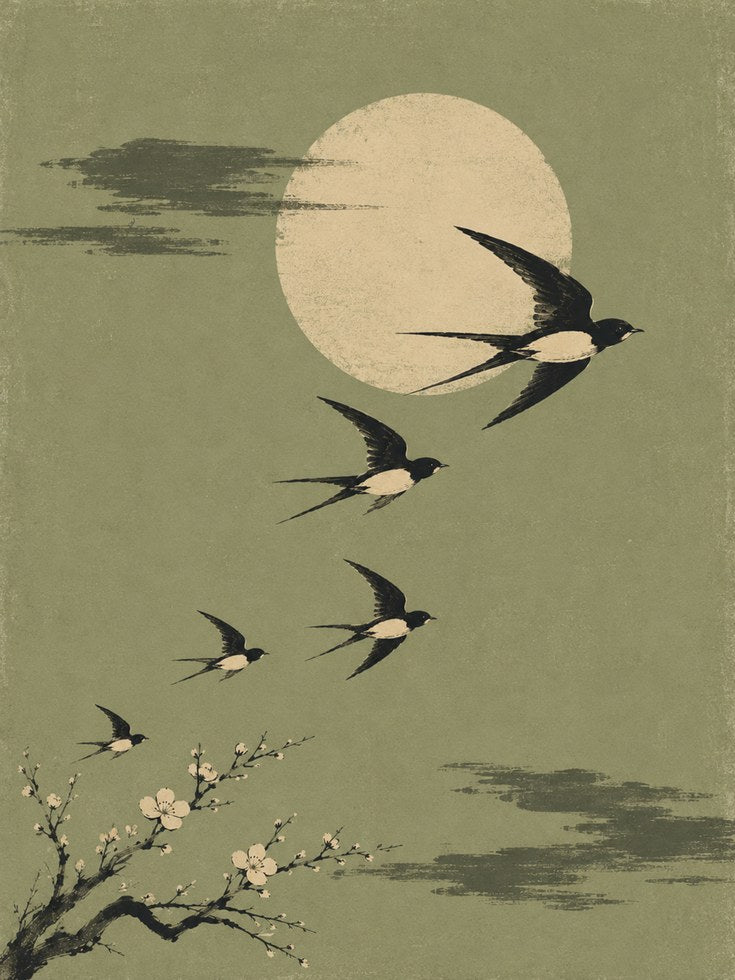 Japanese Swallows Art Print - artwork on paper
