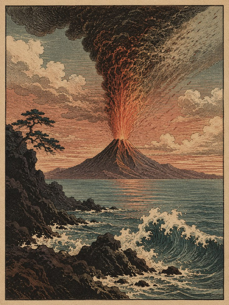 Vintage Volcano Eruption Print — Japanese Woodblock Style - artwork on paper