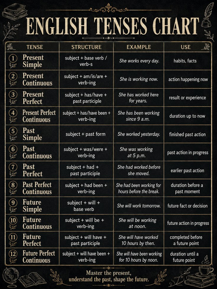 English Tenses Chart Poster: Educational Grammar Reference Art - artwork on paper