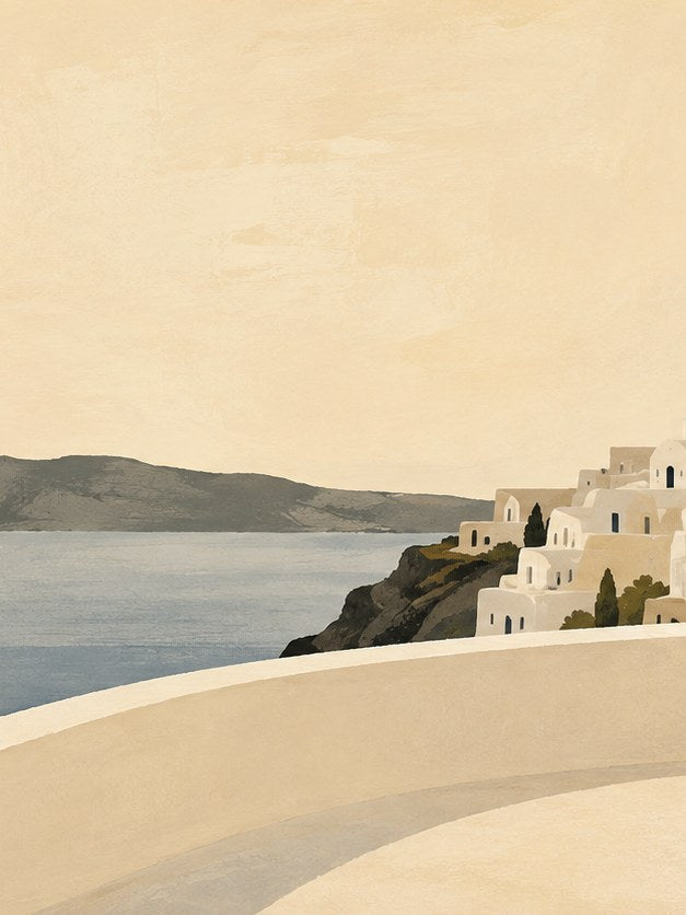 Greek Island Village Art Print: Minimalist Mediterranean Coastal Scene - artwork on paper
