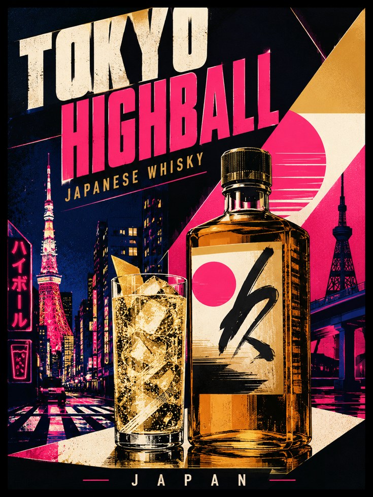 Japanese Whisky Poster: Retro Tokyo Highball - artwork on paper