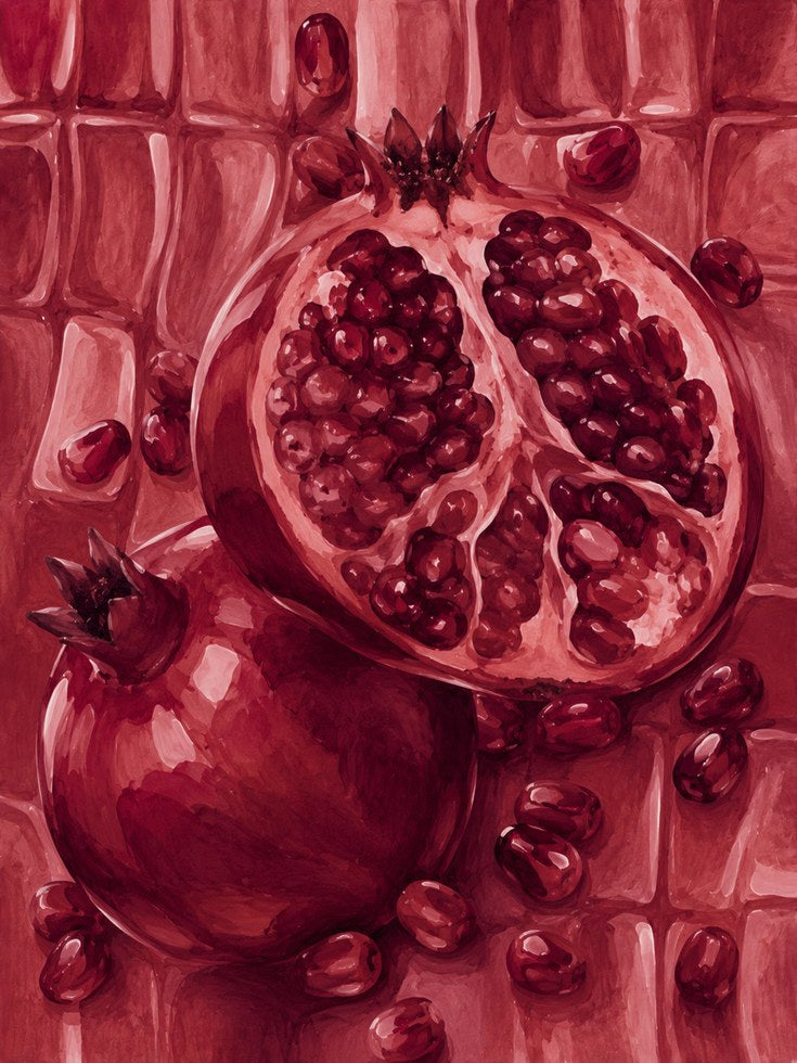 Red Pomegranate Still Life: Monochromatic Kitchen Wall Art - artwork on paper
