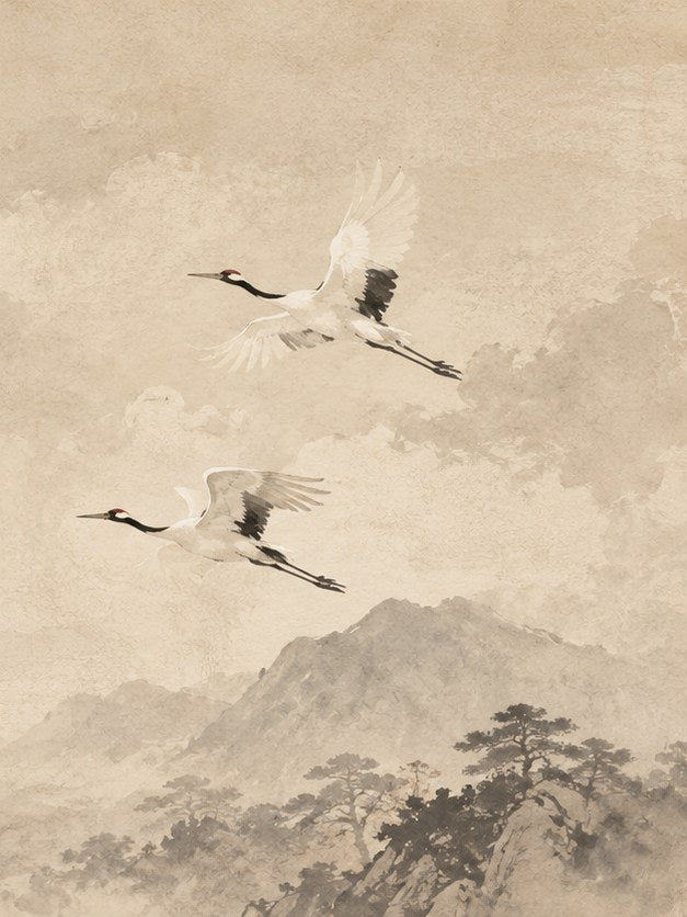 Flying Cranes Art Print: Japanese Ink Wash Mountain Landscape - artwork on paper