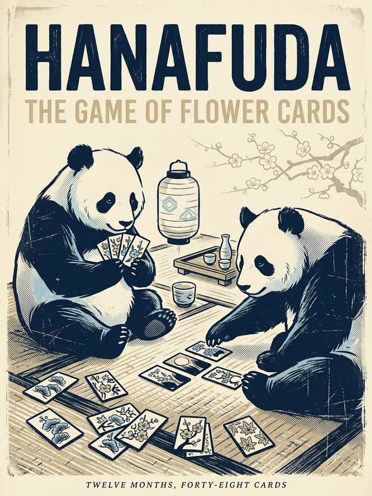 Hanafuda Pandas Art Print: Vintage Japanese Card Game Poster - artwork on paper