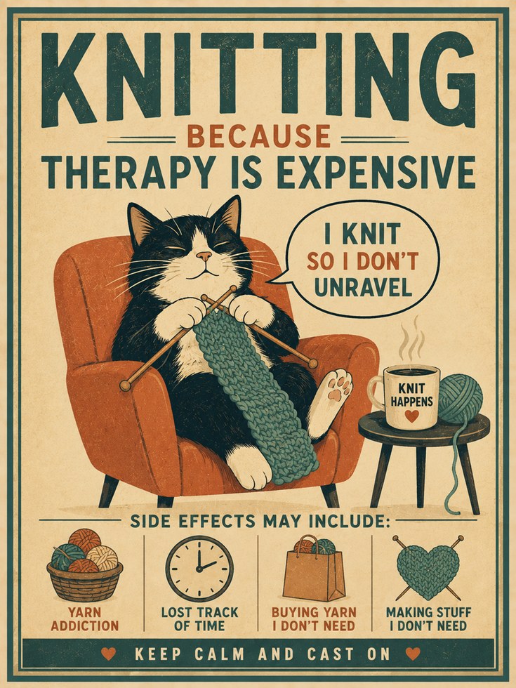 Knitting Wall Art – Funny Cat Print - artwork on paper