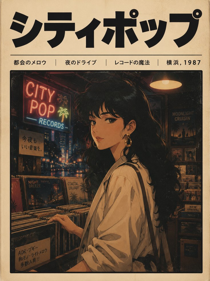 City Pop Record Store Poster: Retro Japanese Anime Art Print - artwork on paper