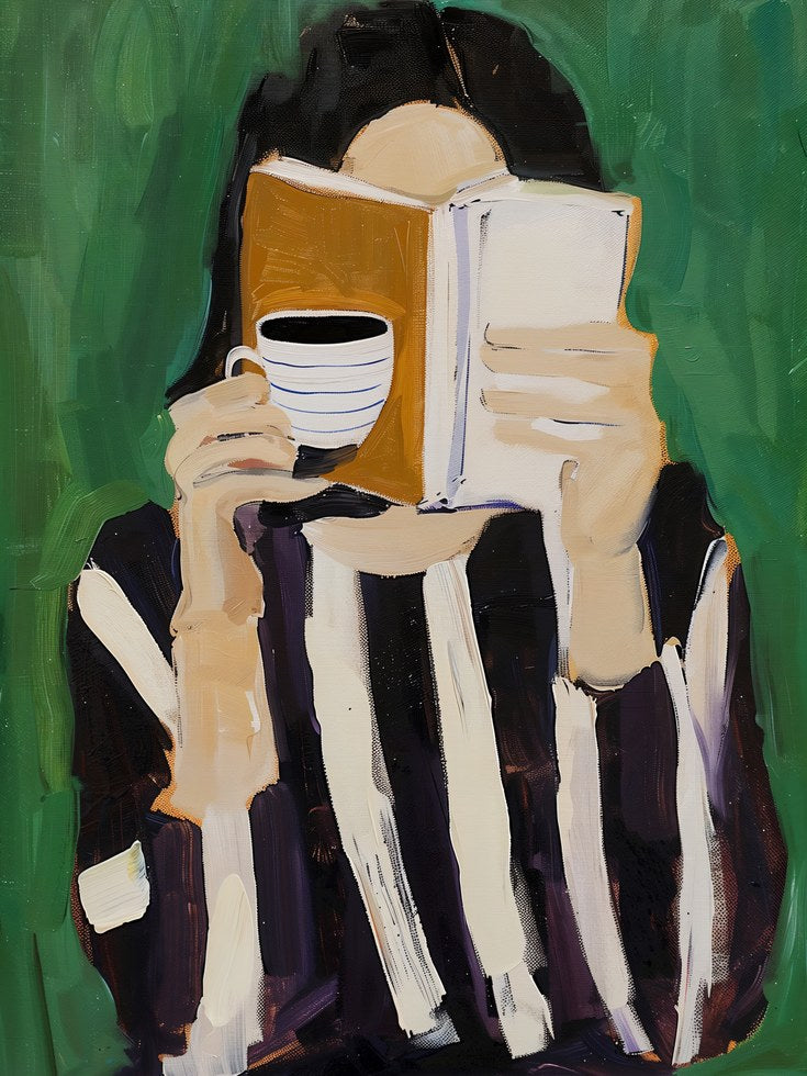 Reading with Coffee Wall Art: Contemporary Figure Painting - artwork on paper