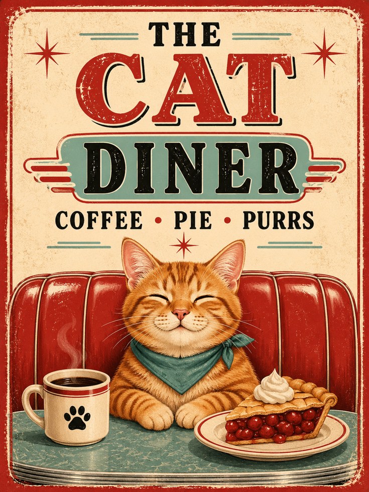 Retro Cat Diner Print - artwork on paper