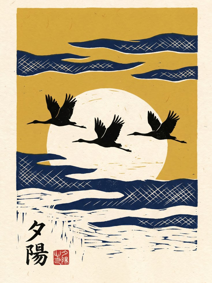 Japanese Crane Linocut Print – Sunset Colors - artwork on paper