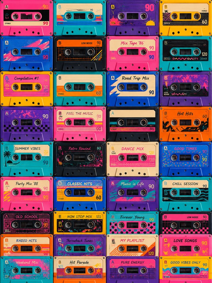 Cassette Tape Art: Retro 80s Music Collage (Colorful Wall Decor) - artwork on paper