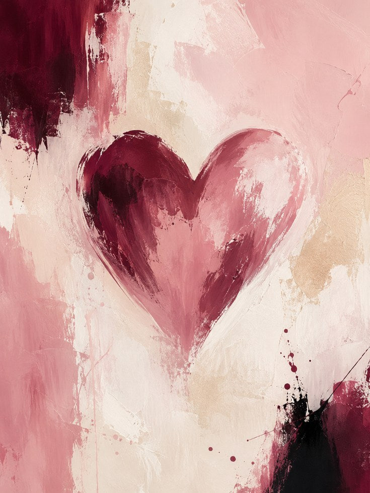 Abstract Heart Wall Art: Pink and Burgundy Brushstroke Painting - artwork on paper