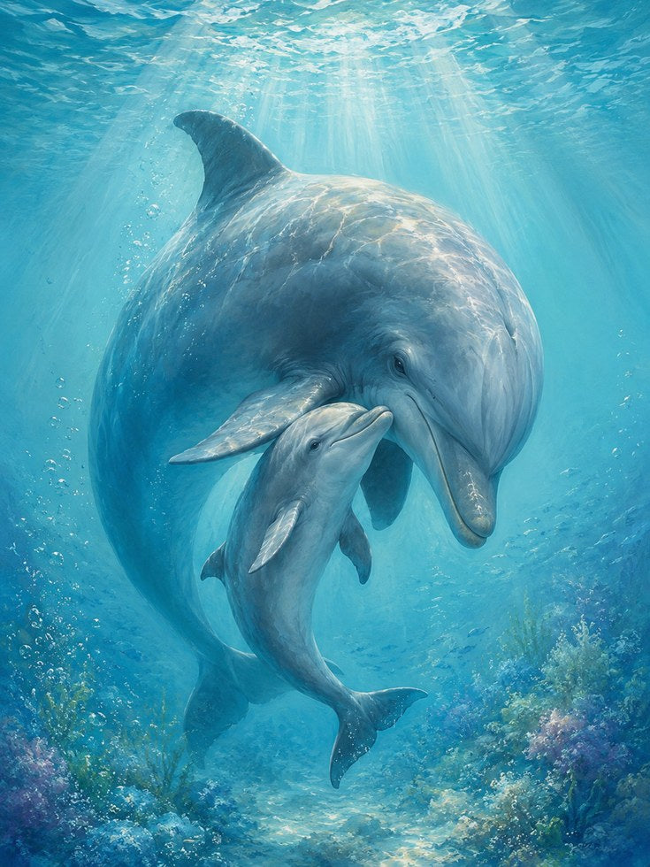 Dolphin Mother and Calf Art Print: Underwater Blue Ocean Scene - artwork on paper