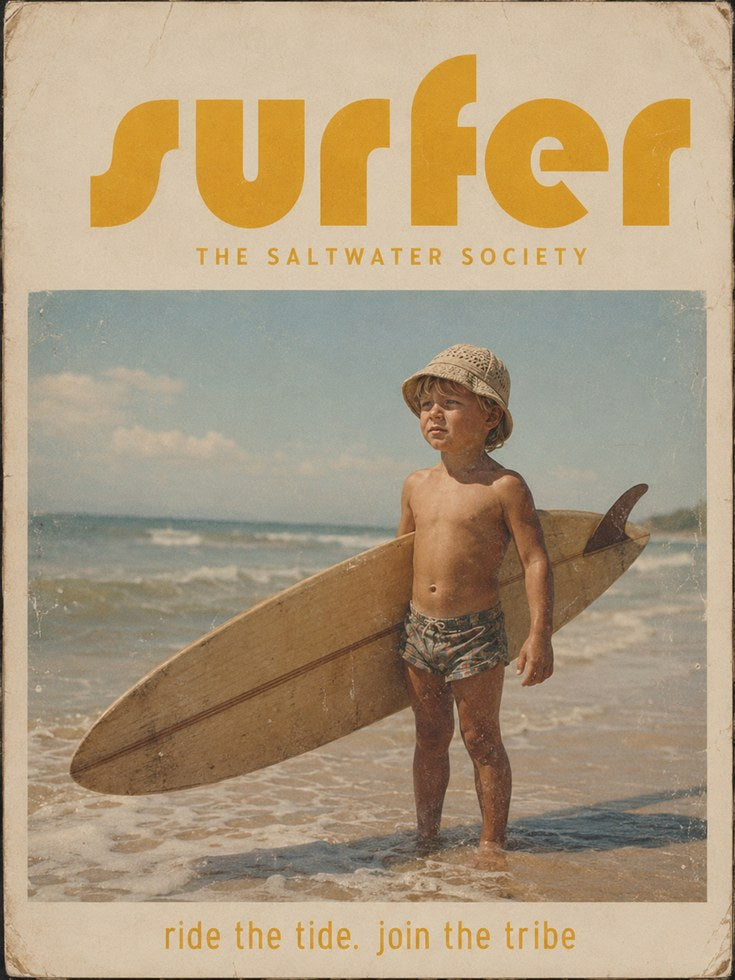 Vintage Surfer Print — Retro Beach Boy with Surfboard - artwork on paper