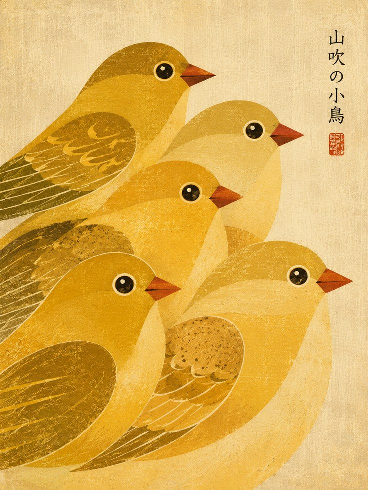 Japanese Bird Art Print — Vintage-Inspired Gold Yellow Birds - artwork on paper
