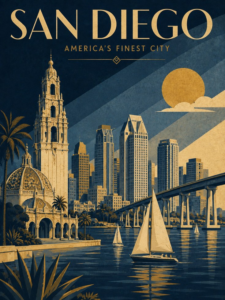 San Diego Vintage Travel Poster: Art Deco Skyline Wall Art - artwork on paper