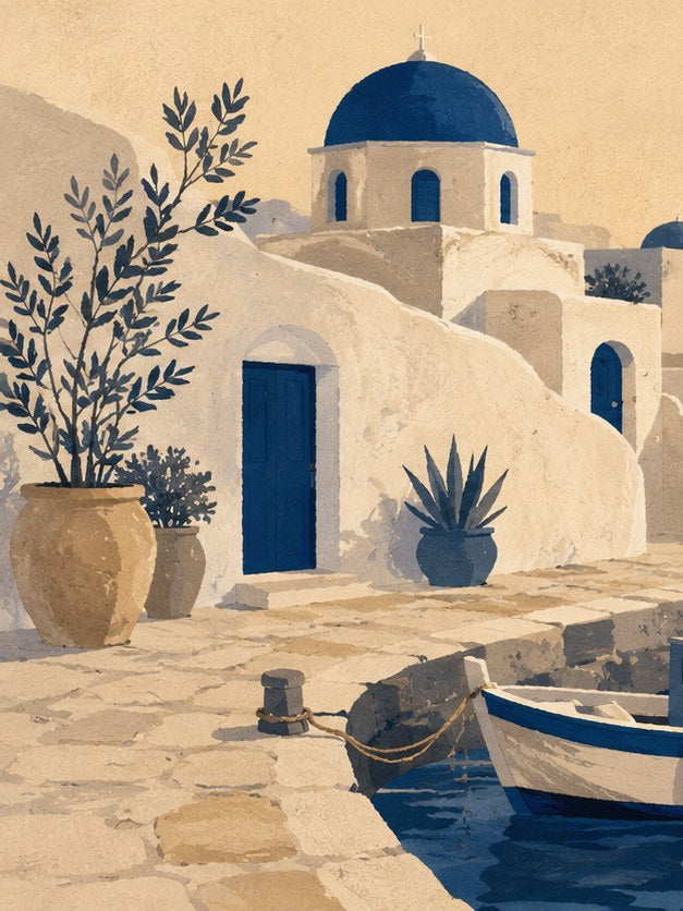 Greek Island Chapel Wall Art: Blue Dome Mediterranean Architecture - artwork on paper