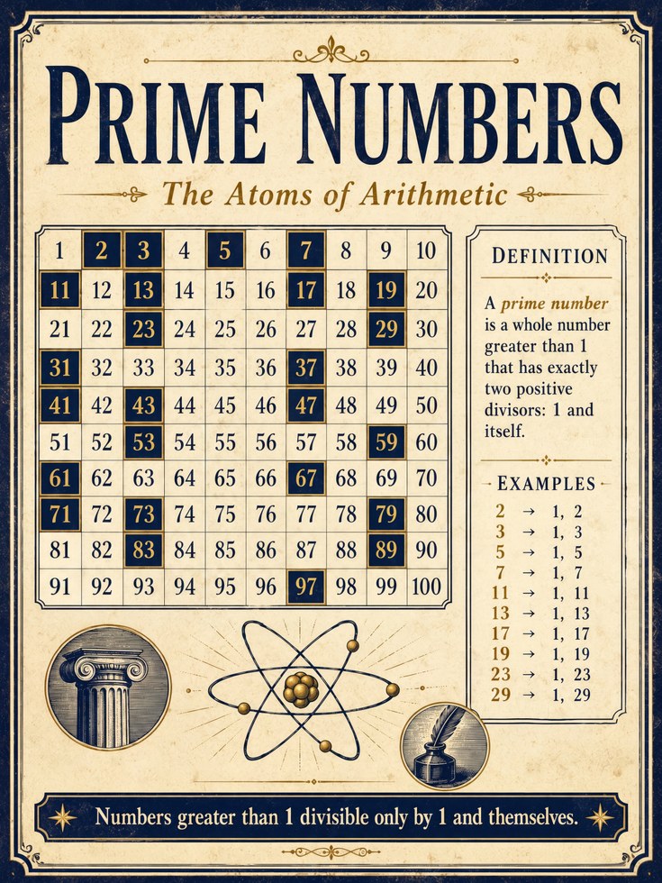 Vintage Prime Numbers Poster – Math Chart - artwork on paper