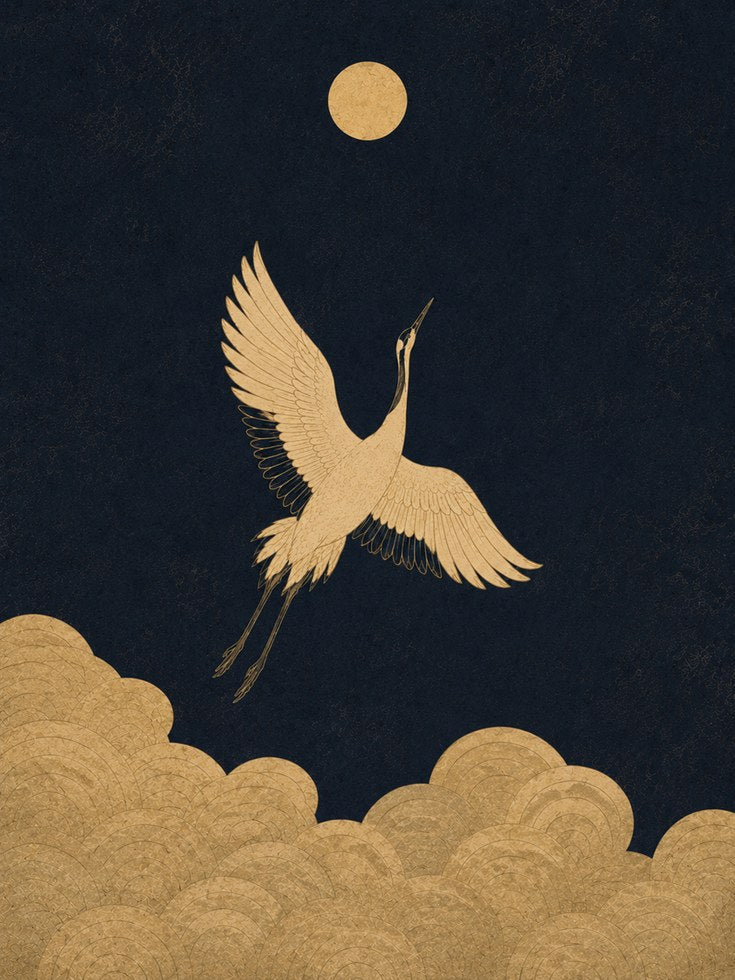 Crane Wall Art: Japanese Inspired Gold and Navy - artwork on paper