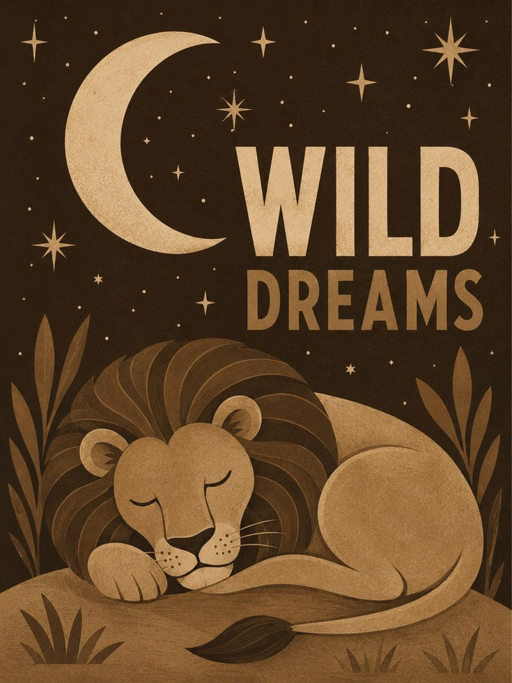 Wild Dreams Lion Art Print: Mid-Century Nursery Moon Poster - artwork on paper