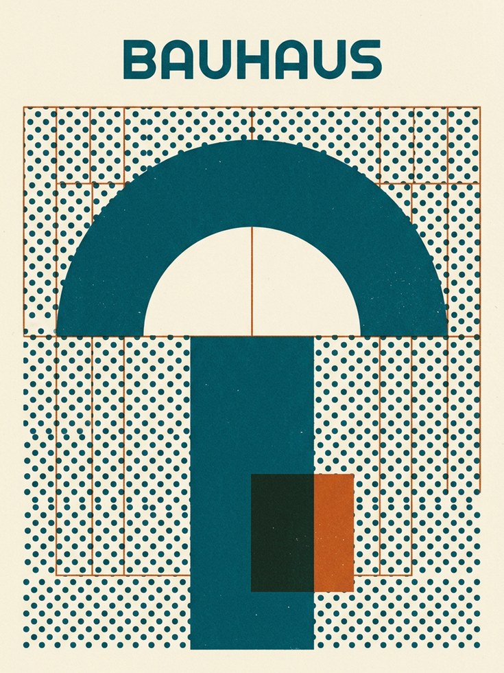 Bauhaus Geometric Arch Print: Teal and Cream Modernist Design - artwork on paper
