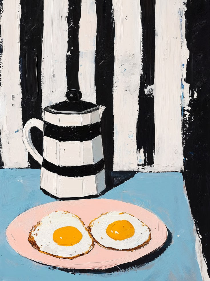 Fried Eggs Art Print: Retro Kitchen Scene (Black White Stripes) - artwork on paper