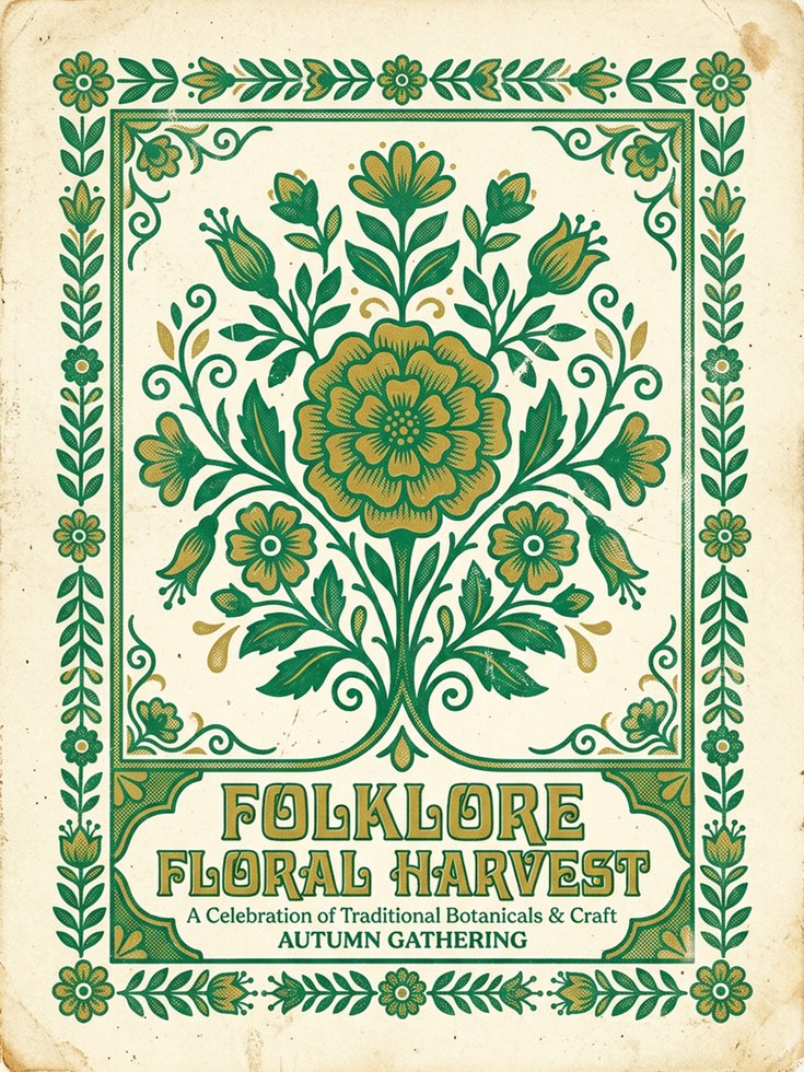 Folk Art Botanical Print: Green and Gold Floral Harvest Design - artwork on paper