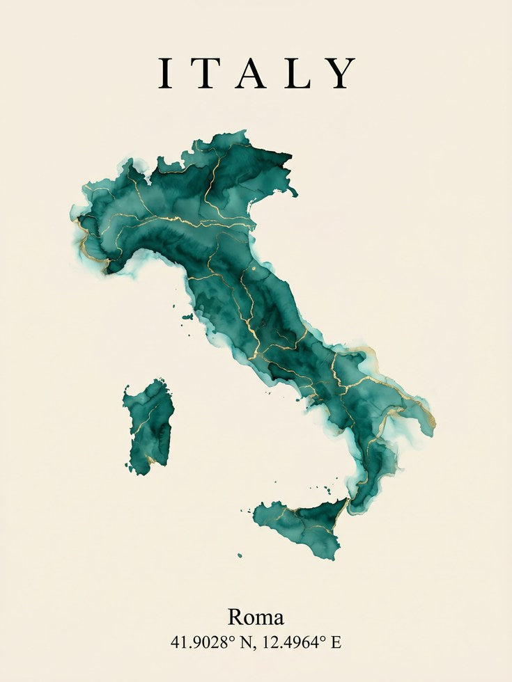 Italy Map Print – Teal Gold Watercolor Cartography Travel Decor - artwork on paper