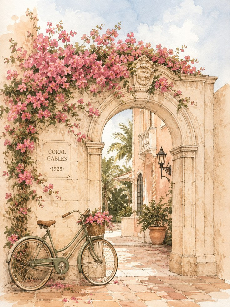 Coral Gables Archway Art Print: Vintage Watercolor Florida Scene - artwork on paper
