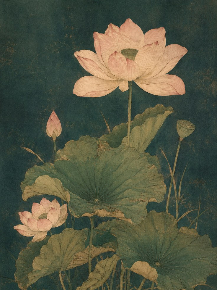 Vintage Lotus Botanical Print — Antique Asian Style Flower Art - artwork on paper