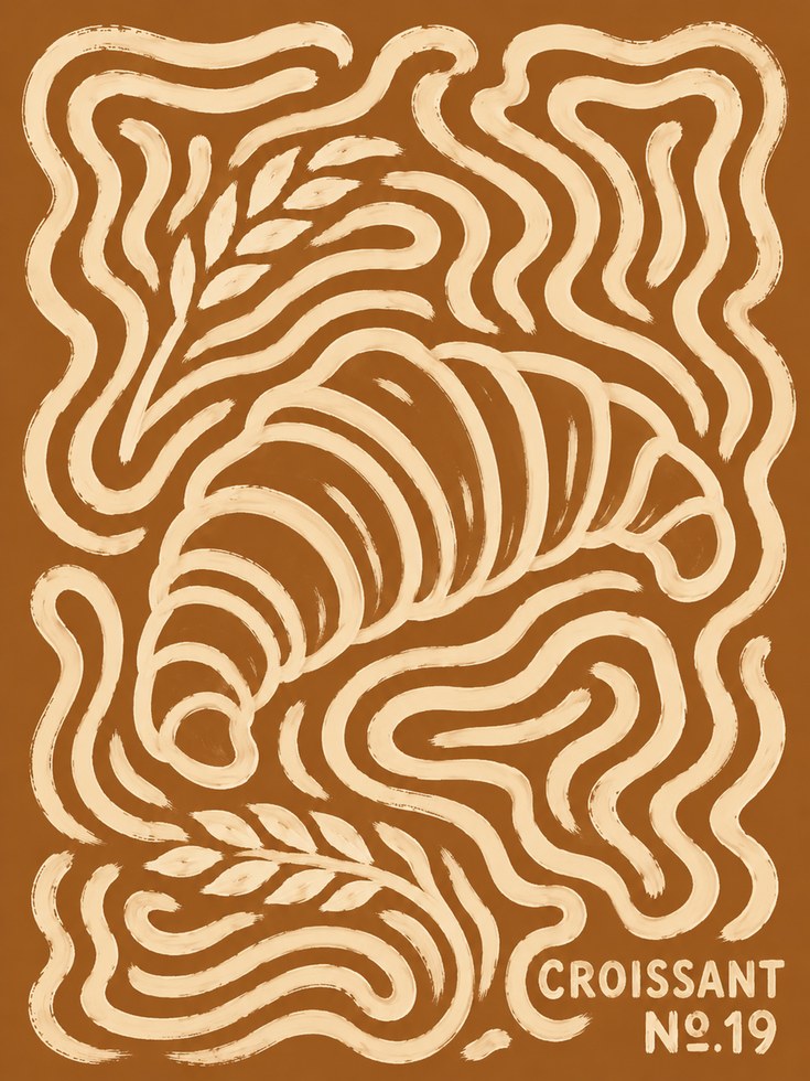 Art Nouveau Croissant Poster: Brown and Cream Swirling Design - artwork on paper