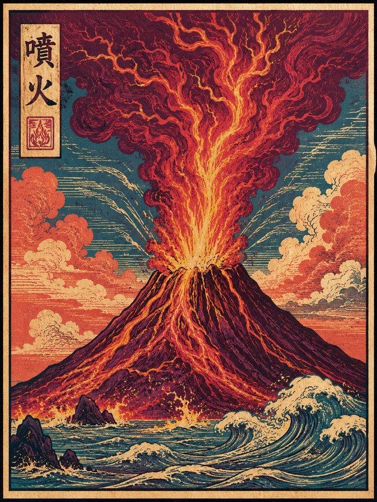 Japanese Volcano Print — Ukiyo-e Inspired Eruption - artwork on paper