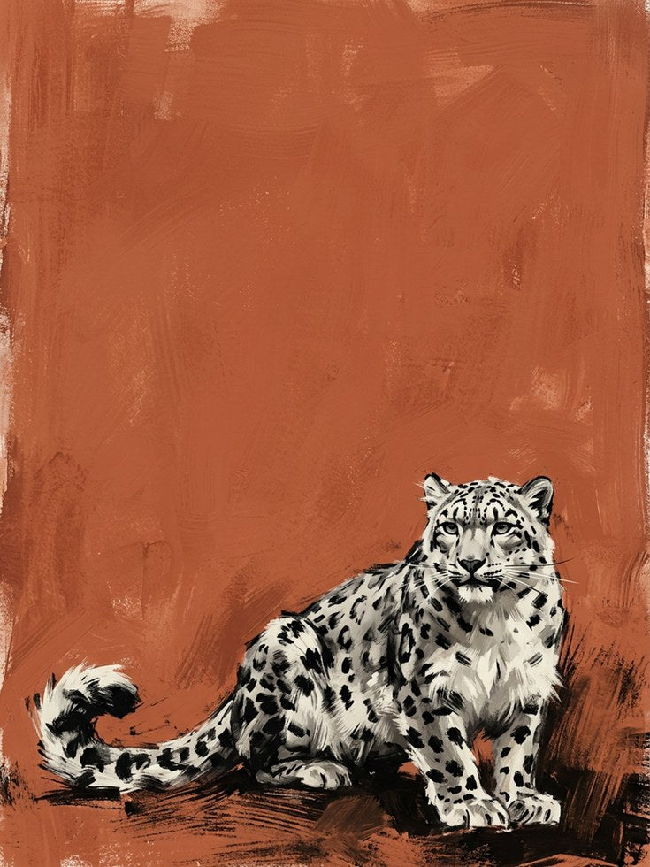 Snow Leopard Wall Art: Contemporary Wildlife on Terracotta - artwork on paper