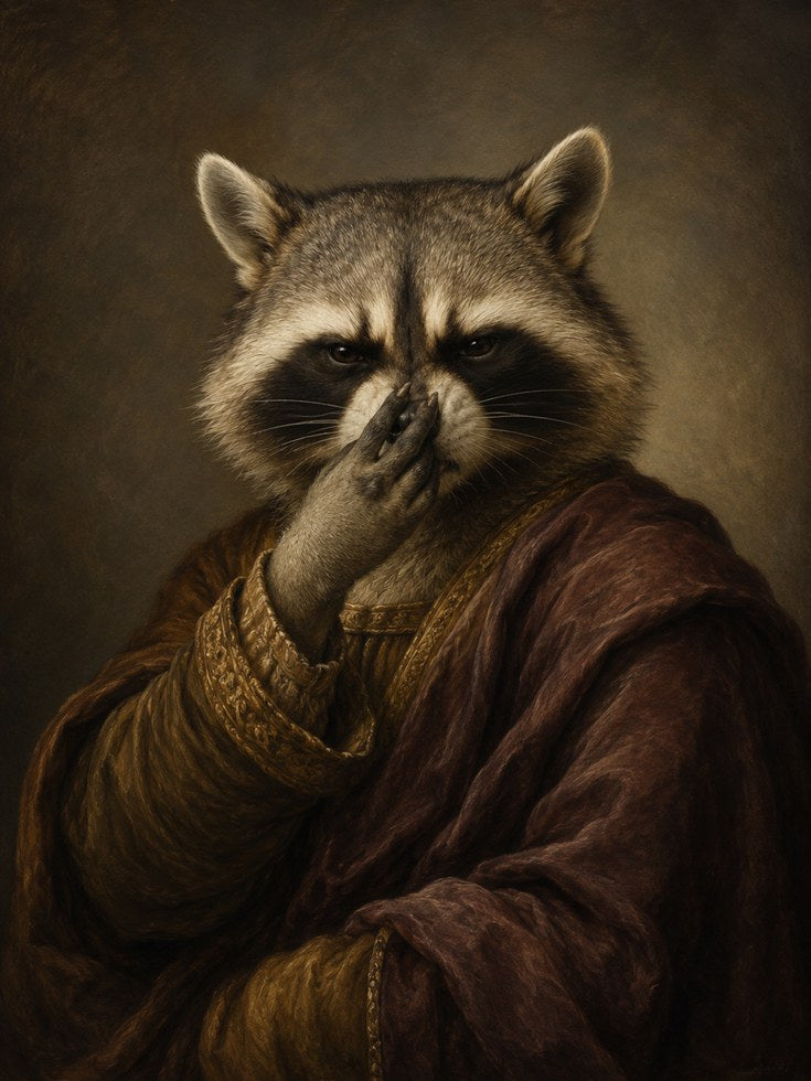 Funny Bathroom Poster Renaissance Raccoon Portrait Print: Whimsical - artwork on paper